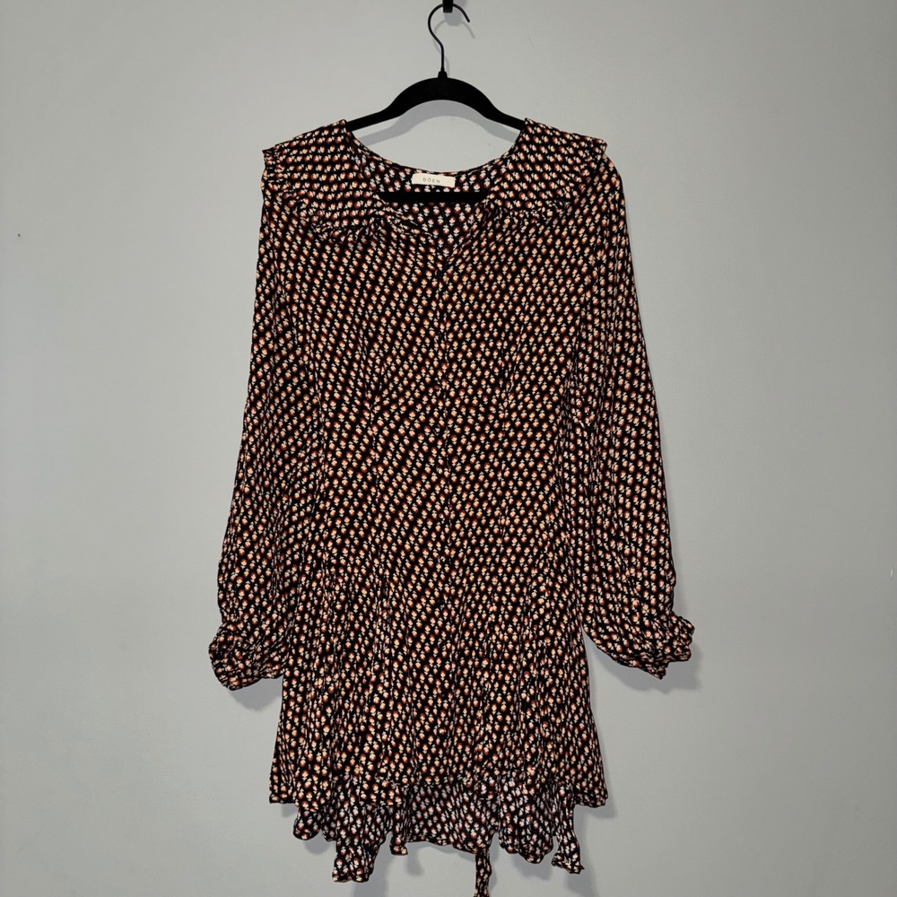 DOEN Floral Block Print Mini Dress Ruffle Collar Button Front Long‎ Sleeve Black